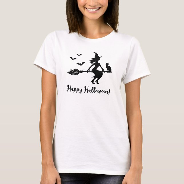 Hexe, die auf einem knackigen Halloween-Text flieg T-Shirt (Vorderseite)