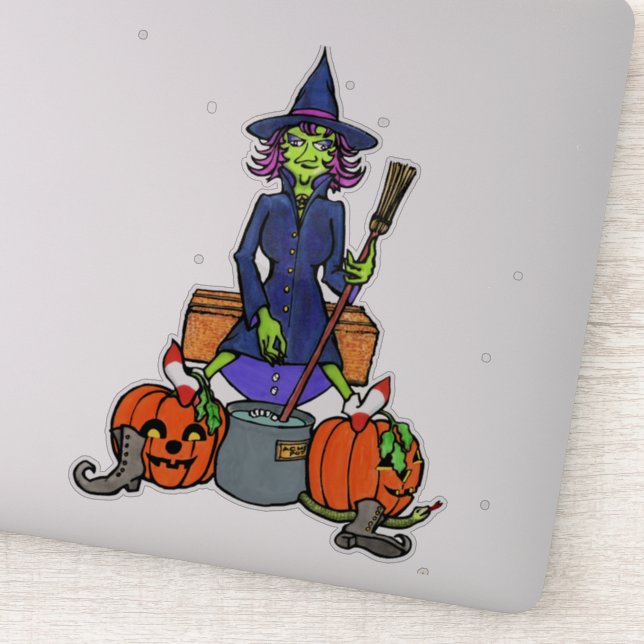 Hexe, die einen Kessel umwirbelt | Halloween-Monst Aufkleber (Detail)
