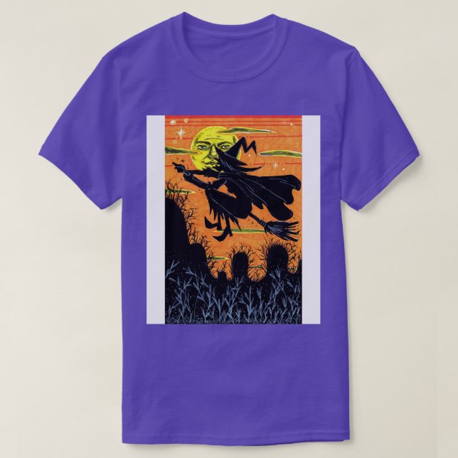 Hexe, die über einen Bauernhof fliegt T-Shirt (Design vorne)