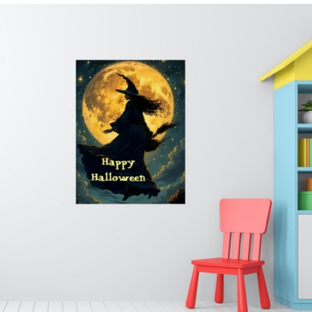 Hexe, die über Vollmond-Halloween-Poster fliegt Poster (Von Creator hochgeladen)