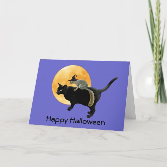 Hexe-Eichhörnchen auf Katzen-Halloween-Karte Karte (Vorderseite)