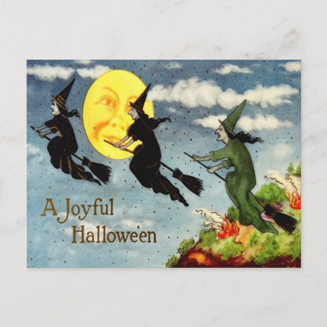 Hexe-Fliegen-Besen-Mann im Mond-Himmel Postkarte (Vorderseite)