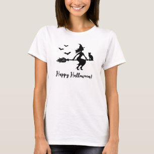 Hexe fliegt auf einem Besen Frohes Halloween-Text T-Shirt