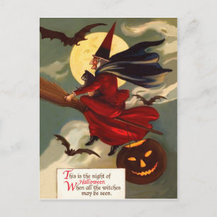Hexe fliegt auf ihrem Besen in der Halloween-Nacht Postkarte