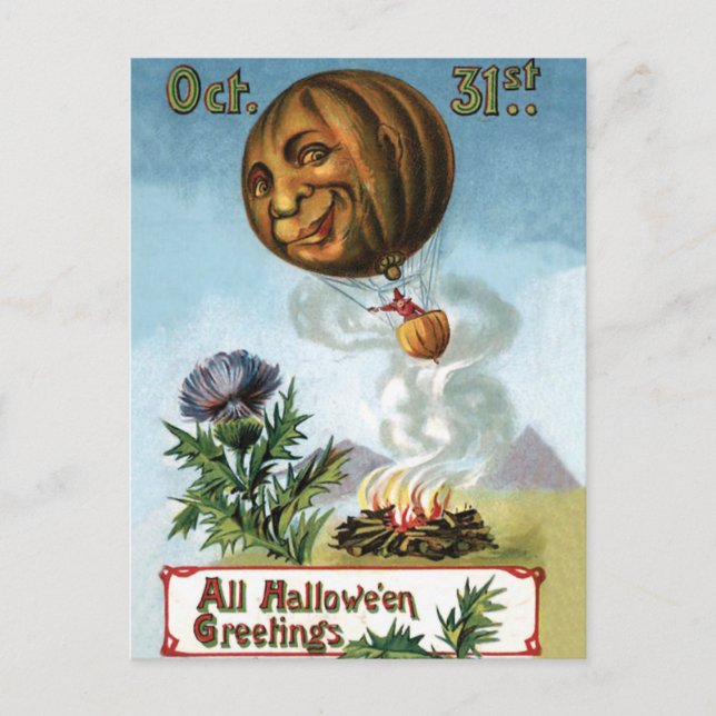 Hexe fliegt in Heißluftballon Pumpkin Postkarte (Vorderseite)