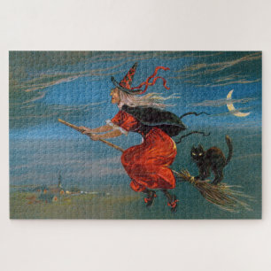 Hexe fliegt mit schwarzer Katze in der Halloween-N