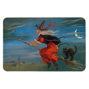Hexe fliegt mit schwarzer Katze in der Halloween-N Magnet
