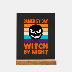 Hexe-Gamer Halloween Retro-Totenkopf Acrylschild