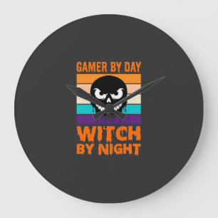 Hexe-Gamer Halloween Retro-Totenkopf Große Wanduhr