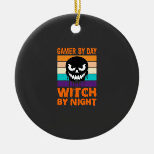 Hexe-Gamer Halloween Retro-Totenkopf Keramik Ornament