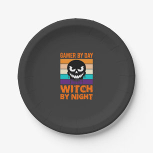 Hexe-Gamer Halloween Retro-Totenkopf Pappteller