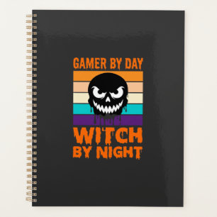 Hexe-Gamer Halloween Retro-Totenkopf Planer
