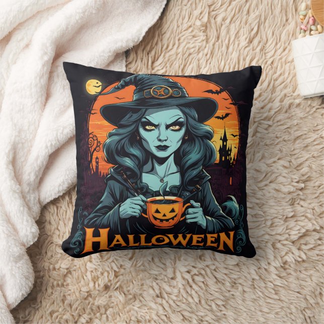 Hexe genießt Kürbisgetränk zu Halloween Kissen (Decke)