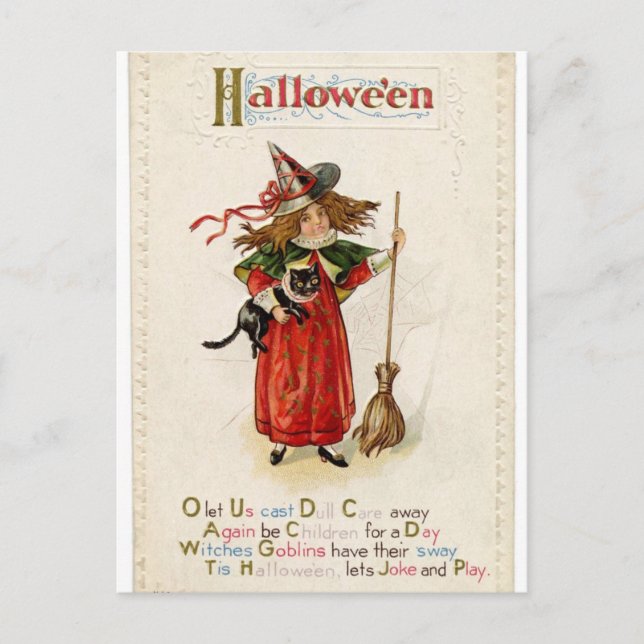 Hexe Girl Cat Halloween Rhyme Postcard Postkarte (Vorderseite)