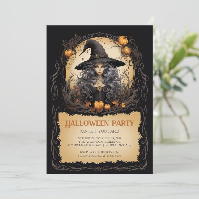 Hexe Girl Gothic Halloween Einladung (Stehend Vorderseite)