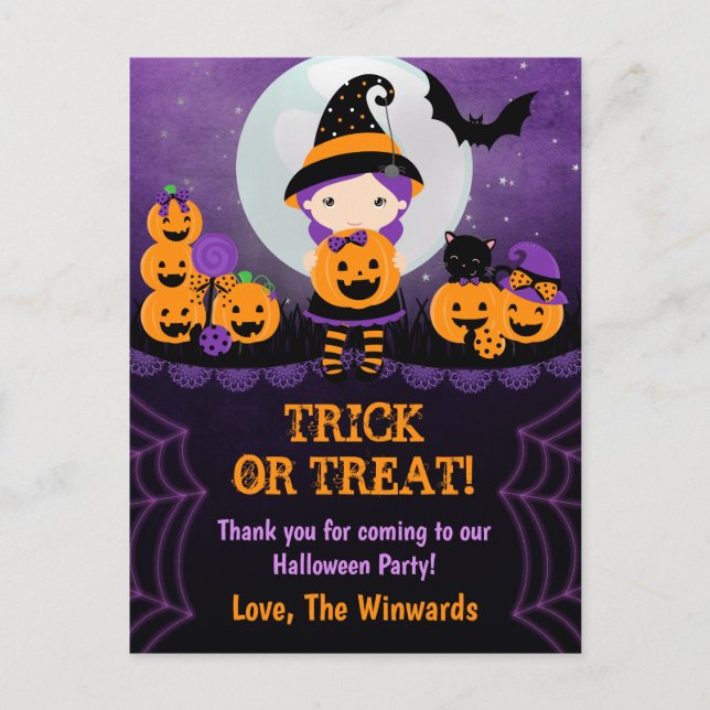 Hexe Girl Pumpkins Halloween-Party Vielen Dank Postkarte (Vorderseite)