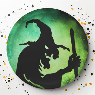 Hexe grün schwarzes Halloween Pappteller