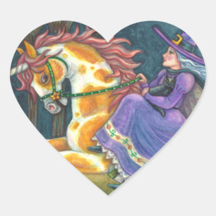 HEXE & HALLOWEEN-EINHORN, SCHWARZE KATZE Fantasy-P Herz-Aufkleber