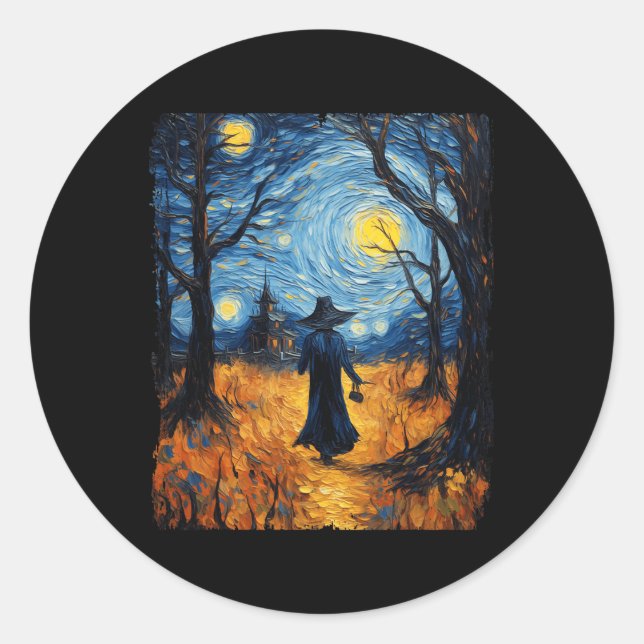 Hexe Halloween Starry Night Van Gogh Kostümkunst Runder Aufkleber (Vorderseite)