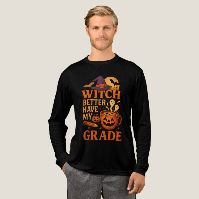 Hexe hat besser mein Klassenlehrer Halloween Tri-Blend Shirt (Volle Vorderseite)