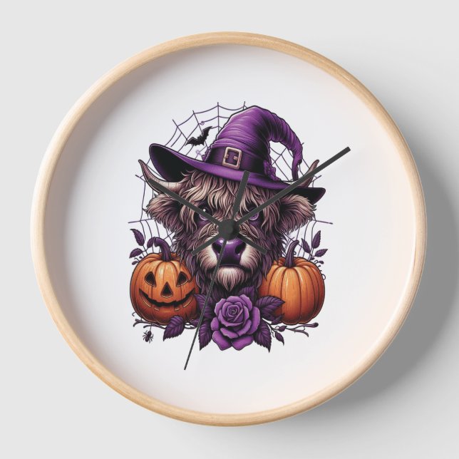 Hexe Highland Halloween Kuh Uhr (Vorderseite)