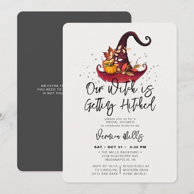 Hexe Hitched Gray Halloween Brautparty Invitat Einladung (Vorne/Hinten)
