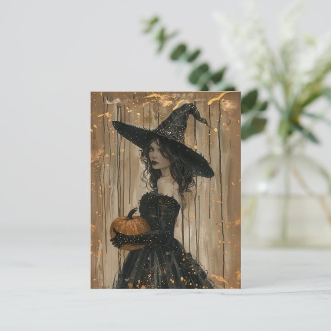 Hexe Holding a Pumpkin Postkarte (Stehend Vorderseite)