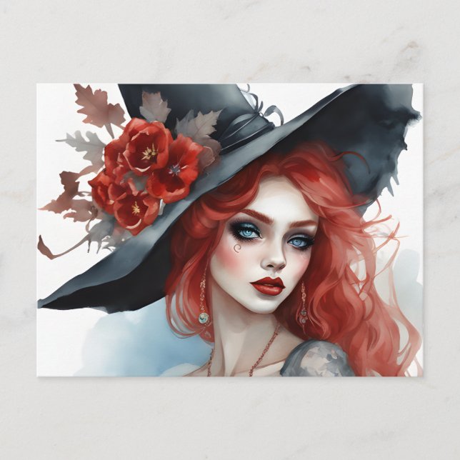 Hexe Hübsche Girl Red Blume Magical Postkarte (Vorderseite)