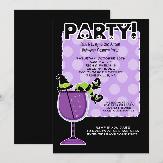 Hexe in Cocktail Halloween-Party 12x18 Einladung (Vorne/Hinten)