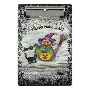 Hexe, Katze, Bat und Kürbis, glückliches Hallowe Mini Klemmbrett