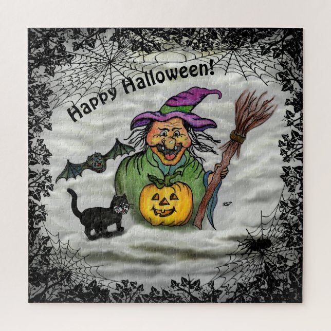 Hexe, Katze, Bat und Kürbis, glückliches Halloween (Vertikal)