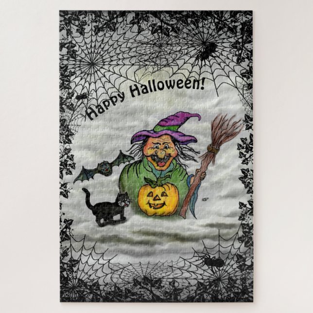 Hexe, Katze, Bat und Kürbis, glückliches Halloween (Vertikal)