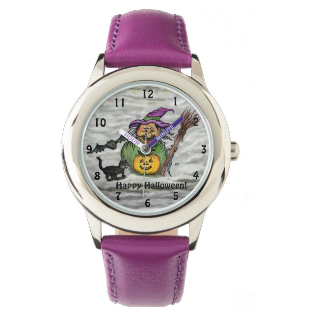 Hexe, Katze, Bat und Kürbis, glückliches Halloween Armbanduhr (Vorderseite)