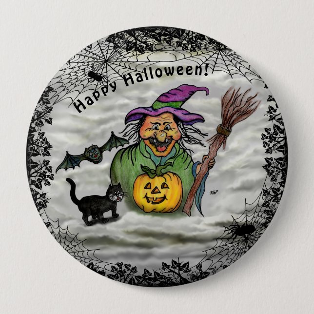 Hexe, Katze, Bat und Kürbis, glückliches Halloween Button (Vorderseite)