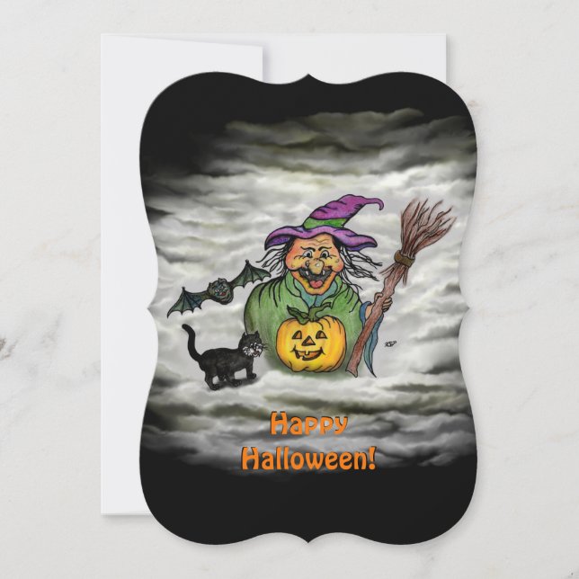 Hexe, Katze, Bat und Kürbis, glückliches Halloween Einladung (Vorderseite)