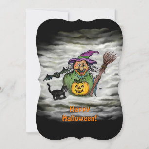 Hexe, Katze, Bat und Kürbis, glückliches Halloween Einladung