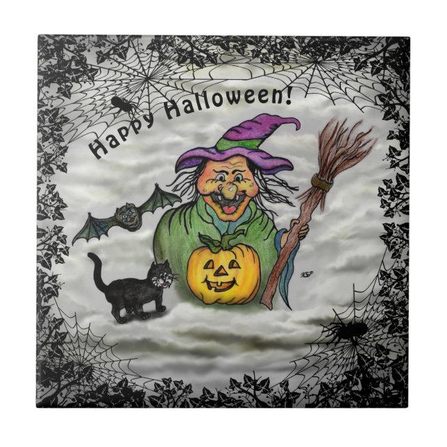 Hexe, Katze, Bat und Kürbis, glückliches Halloween Fliese (Vorderseite)