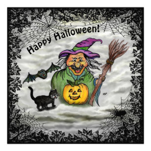 Hexe, Katze, Bat und Kürbis, glückliches Halloween Fotodruck