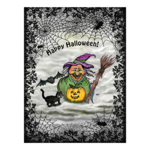 Hexe, Katze, Bat und Kürbis, glückliches Halloween Fotodruck