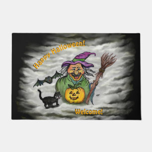 Hexe, Katze, Bat und Kürbis, glückliches Halloween Fußmatte