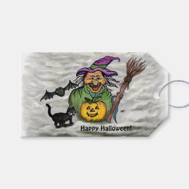 Hexe, Katze, Bat und Kürbis, glückliches Halloween Geschenkanhänger (Vorderseite (Horizontal))