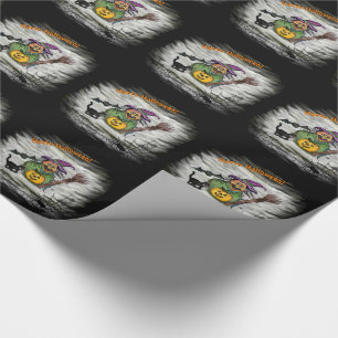 Hexe, Katze, Bat und Kürbis, glückliches Halloween Geschenkpapier