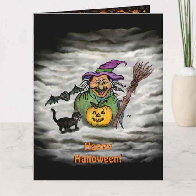 Hexe, Katze, Bat und Kürbis, glückliches Halloween Karte (Vorderseite)