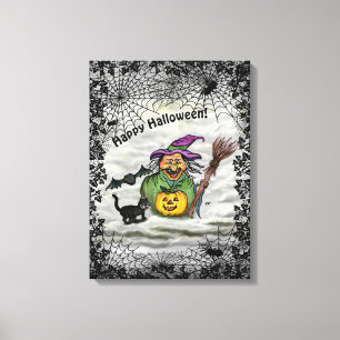 Hexe, Katze, Bat und Kürbis, glückliches Halloween Leinwanddruck