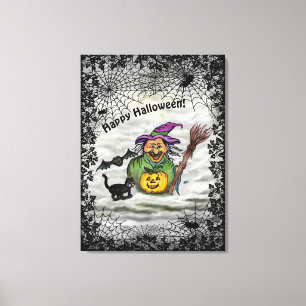 Hexe, Katze, Bat und Kürbis, glückliches Halloween Leinwanddruck