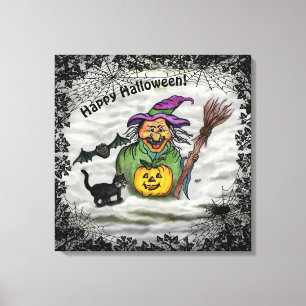 Hexe, Katze, Bat und Kürbis, glückliches Halloween Leinwanddruck
