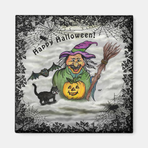 Hexe, Katze, Bat und Kürbis, glückliches Halloween Magnet