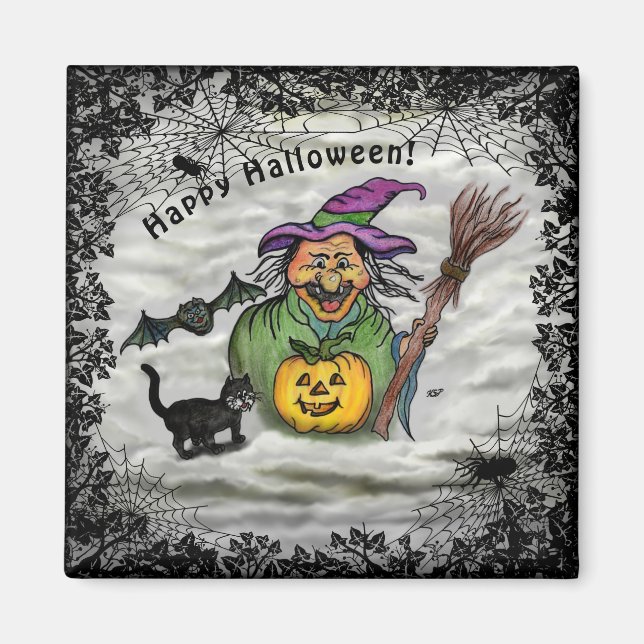 Hexe, Katze, Bat und Kürbis, glückliches Halloween Magnet (Vorne)