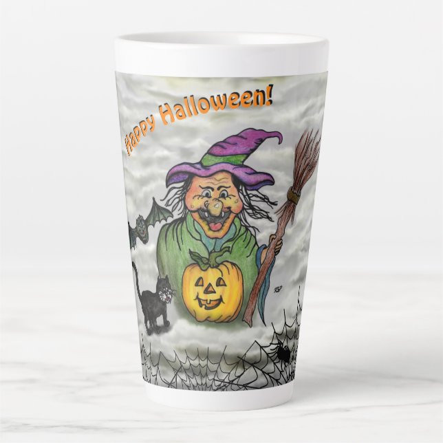 Hexe, Katze, Bat und Kürbis, glückliches Halloween Milchtasse (Vorderseite)