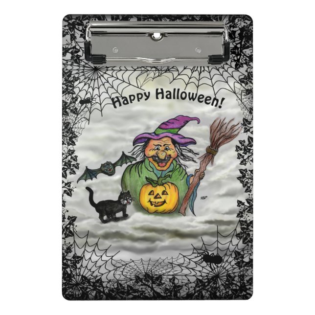Hexe, Katze, Bat und Kürbis, glückliches Halloween Mini Klemmbrett (Vorderseite)